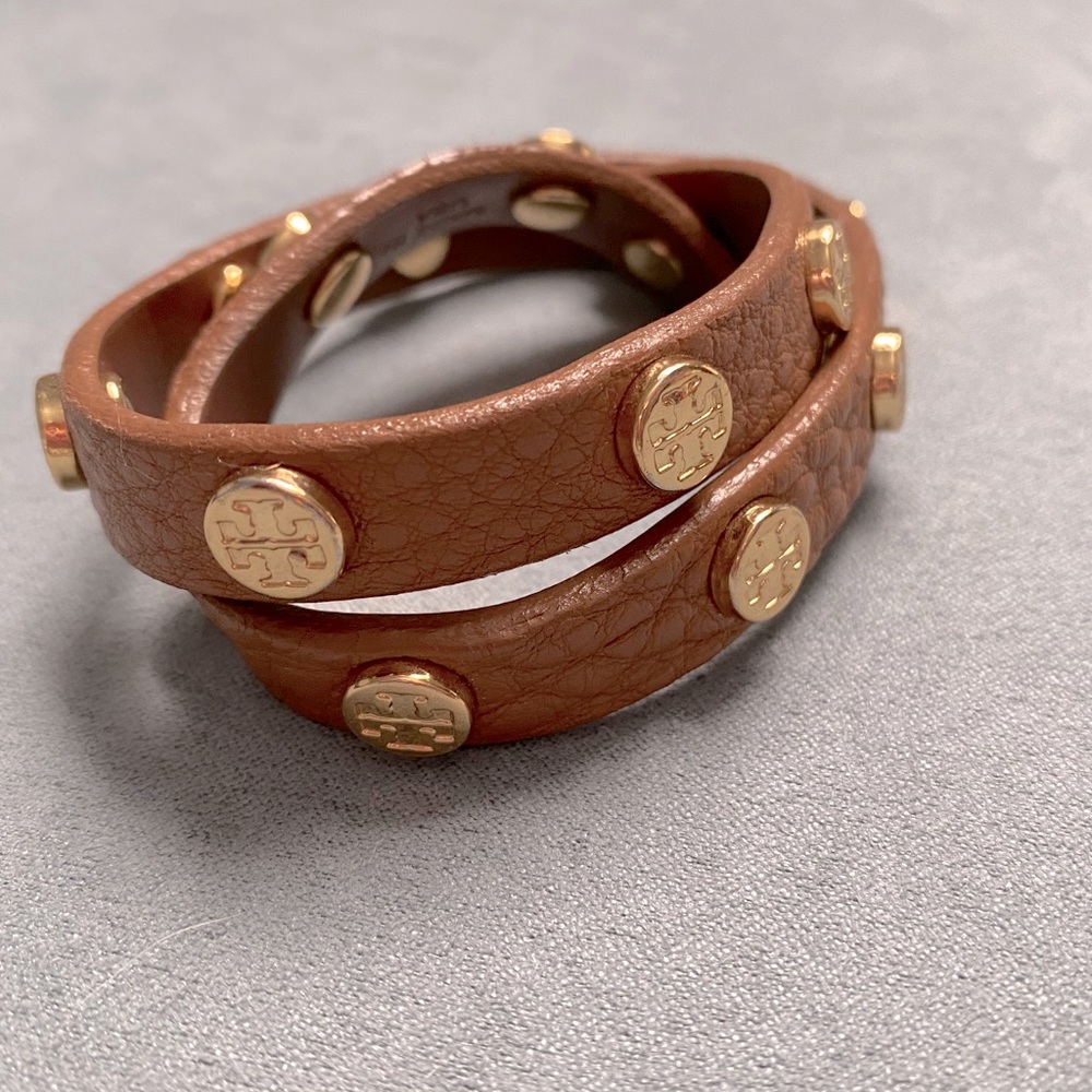 Tory Burch Tan Stud Double Wrap Leather Bracelet